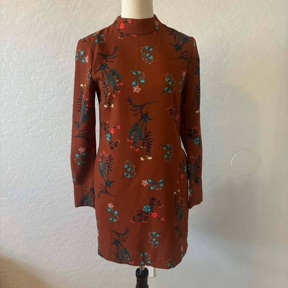 WAYF Brown Floral Long Sleeve Mock Neck Shift Dress Academia Preppy Size XS - Picture 2 of 13